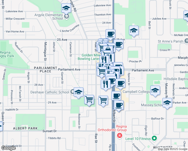 map of restaurants, bars, coffee shops, grocery stores, and more near 2835 Parliament Avenue in Regina
