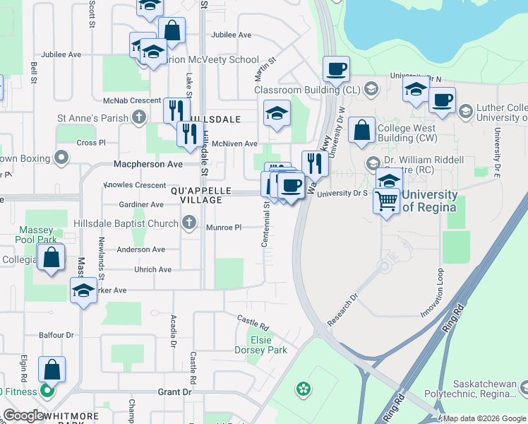map of restaurants, bars, coffee shops, grocery stores, and more near 12 Centennial Street in Regina