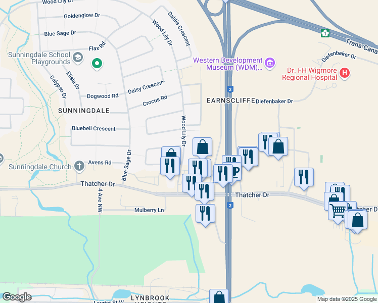 map of restaurants, bars, coffee shops, grocery stores, and more near 23 Wood Lily Drive in Moose Jaw
