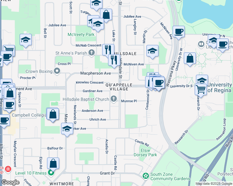 map of restaurants, bars, coffee shops, grocery stores, and more near 4032 Hillsdale Street in Regina