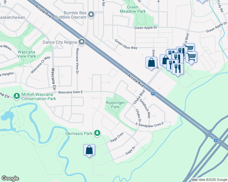 map of restaurants, bars, coffee shops, grocery stores, and more near 3801 Goldfinch Way in Regina
