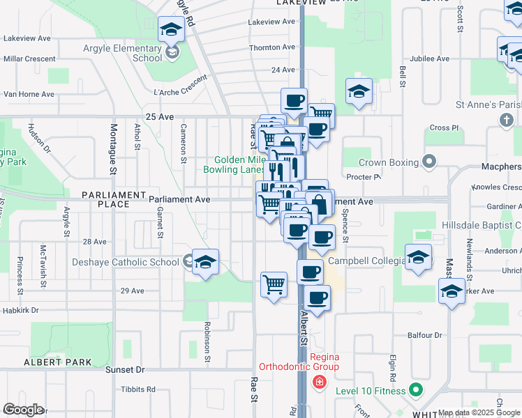 map of restaurants, bars, coffee shops, grocery stores, and more near 133 Parliament Avenue in Regina