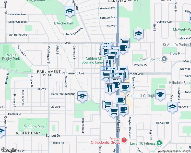 map of restaurants, bars, coffee shops, grocery stores, and more near 2835 Parliament Avenue in Regina