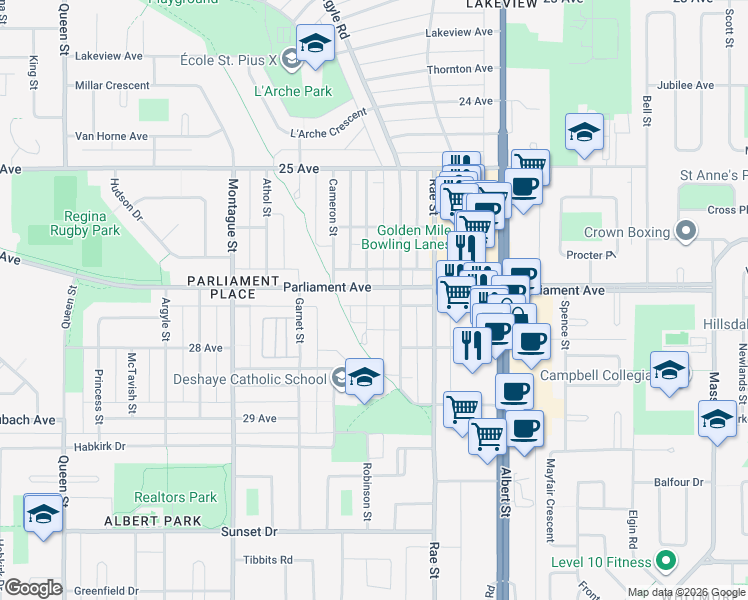map of restaurants, bars, coffee shops, grocery stores, and more near 2935 Parliament Avenue in Regina