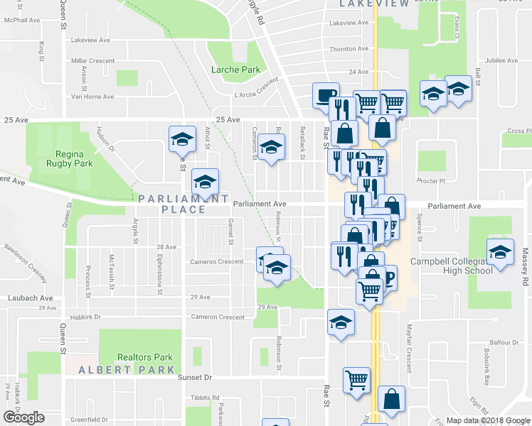 map of restaurants, bars, coffee shops, grocery stores, and more near 3025 Parliament Avenue in Regina
