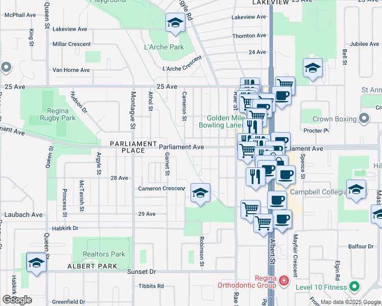 map of restaurants, bars, coffee shops, grocery stores, and more near 3025 Parliament Avenue in Regina