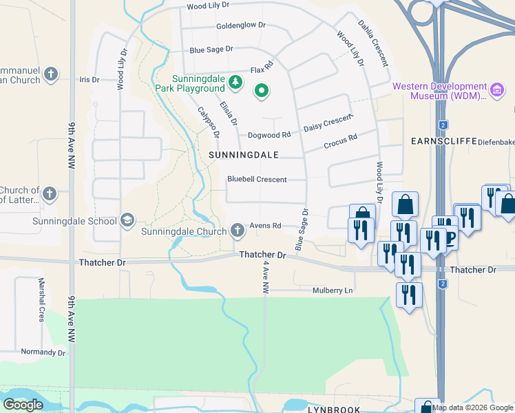 map of restaurants, bars, coffee shops, grocery stores, and more near 19 Bluebell Crescent in Moose Jaw