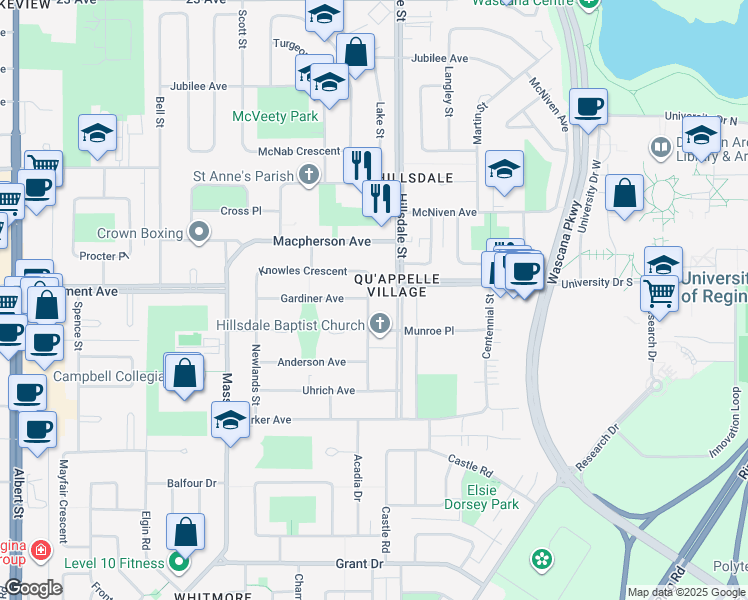map of restaurants, bars, coffee shops, grocery stores, and more near 17 Knowles Crescent in Regina