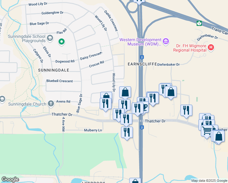 map of restaurants, bars, coffee shops, grocery stores, and more near Wood Lily Drive in Moose Jaw