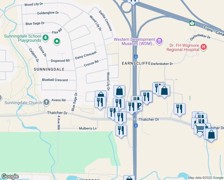 map of restaurants, bars, coffee shops, grocery stores, and more near 24 Wood Lily Drive in Moose Jaw