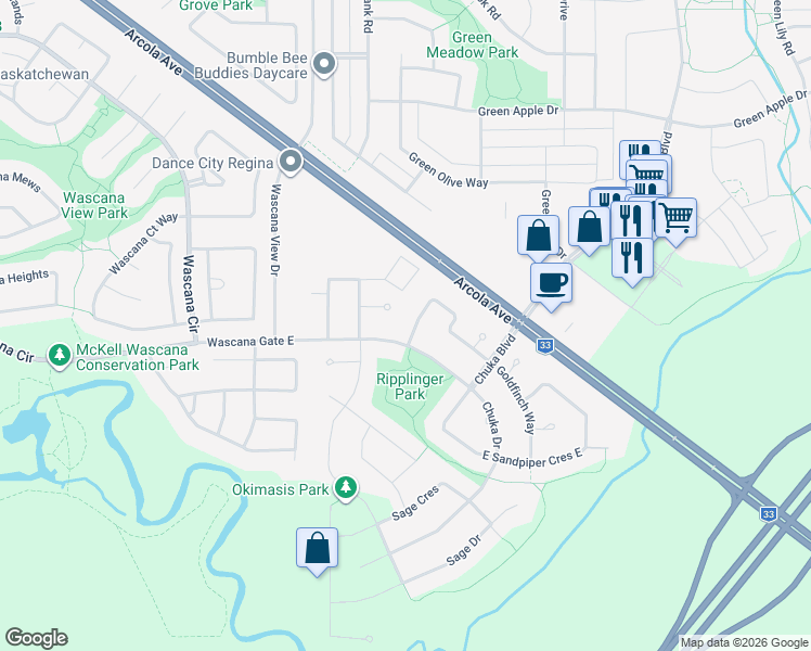 map of restaurants, bars, coffee shops, grocery stores, and more near 3801 Goldfinch Way in Regina