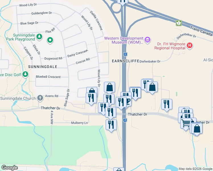map of restaurants, bars, coffee shops, grocery stores, and more near 27 Wood Lily Drive in Moose Jaw