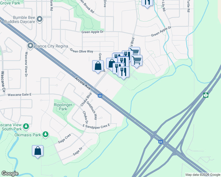 map of restaurants, bars, coffee shops, grocery stores, and more near 4013 Harbour Landing Drive in Regina