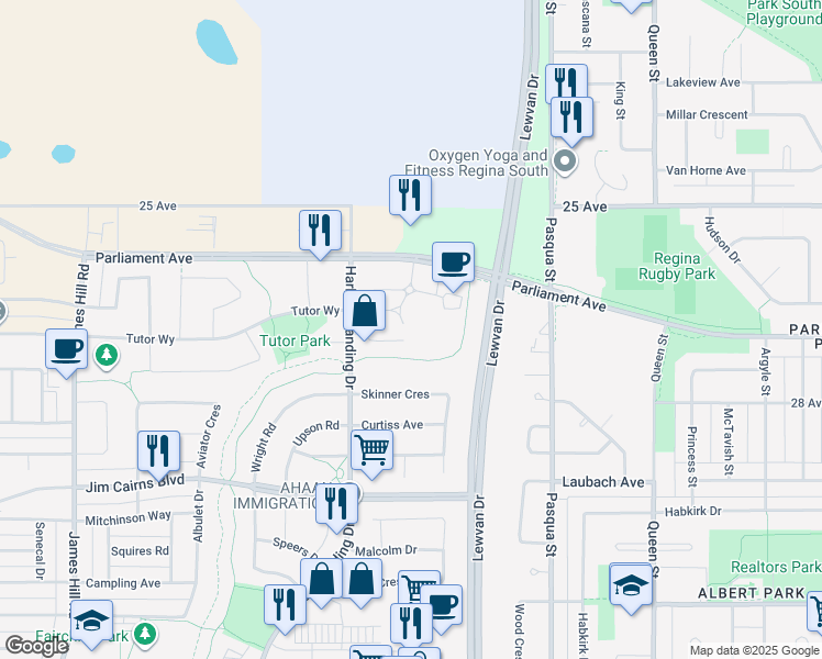 map of restaurants, bars, coffee shops, grocery stores, and more near 4013 Harbour Landing Drive in Regina