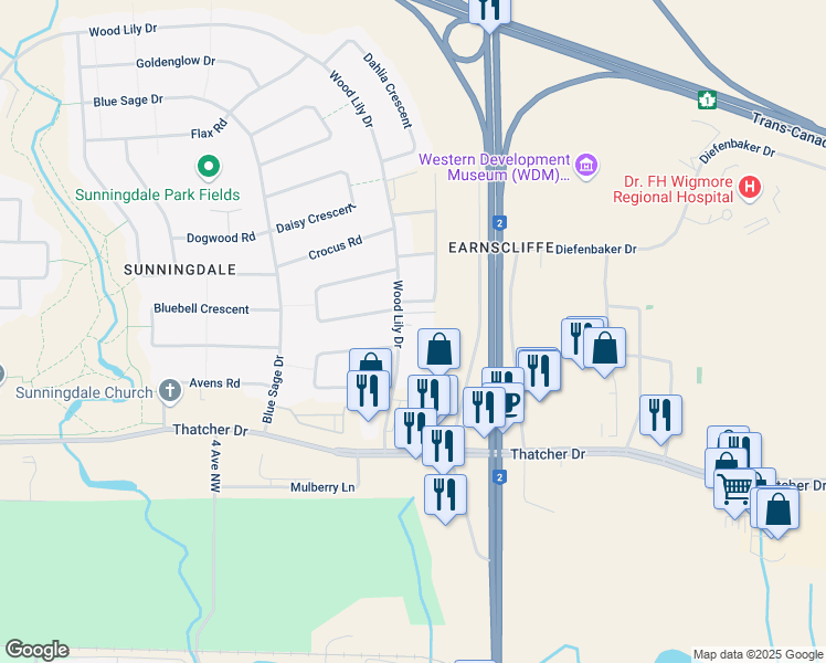 map of restaurants, bars, coffee shops, grocery stores, and more near 31 Wood Lily Drive in Moose Jaw