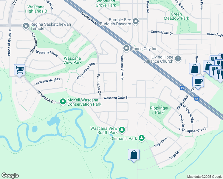 map of restaurants, bars, coffee shops, grocery stores, and more near 7163 Wascana Cove Drive in Regina