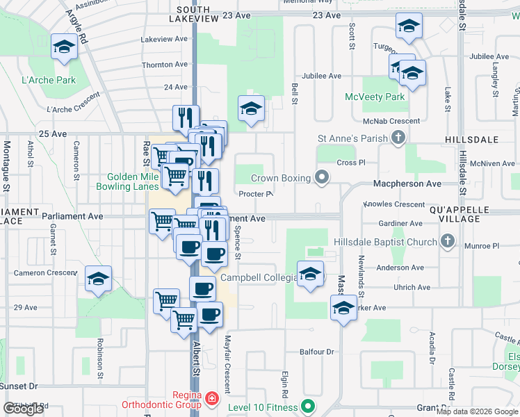 map of restaurants, bars, coffee shops, grocery stores, and more near 1 Procter Place in Regina