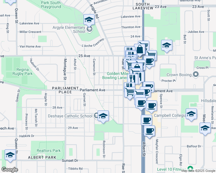 map of restaurants, bars, coffee shops, grocery stores, and more near 3929 Robinson Street in Regina