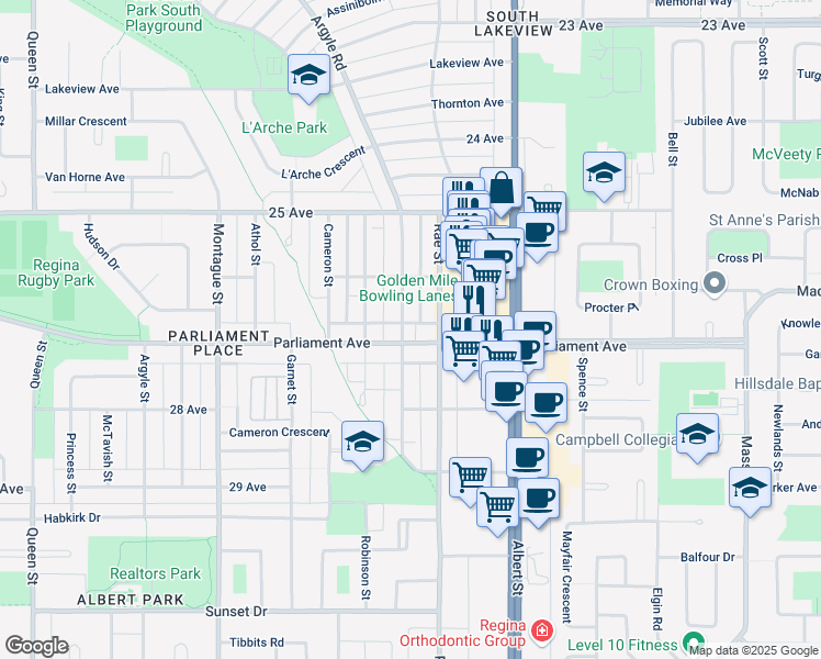 map of restaurants, bars, coffee shops, grocery stores, and more near 2834 Parliament Avenue in Regina