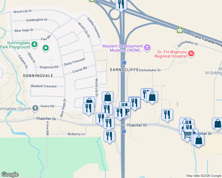 map of restaurants, bars, coffee shops, grocery stores, and more near 1720 Main Street North in Moose Jaw