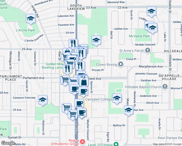 map of restaurants, bars, coffee shops, grocery stores, and more near 149 Procter Place in Regina