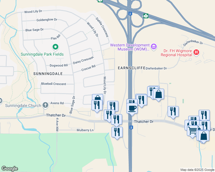 map of restaurants, bars, coffee shops, grocery stores, and more near 33 Wood Lily Drive in Moose Jaw