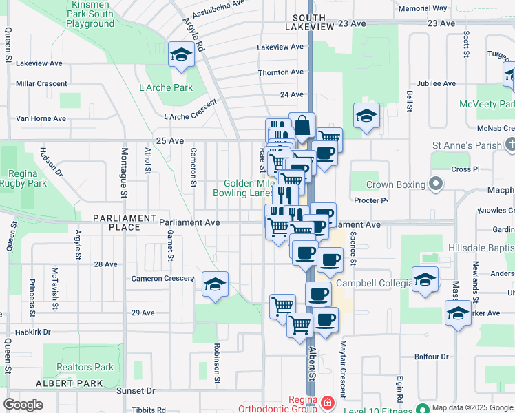 map of restaurants, bars, coffee shops, grocery stores, and more near in Regina