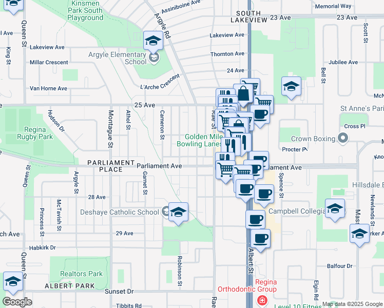 map of restaurants, bars, coffee shops, grocery stores, and more near 3929 Robinson Street in Regina
