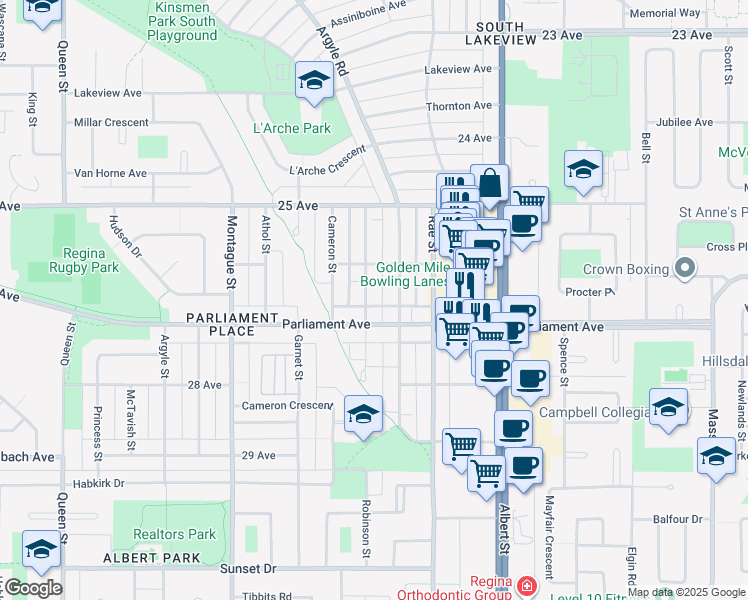 map of restaurants, bars, coffee shops, grocery stores, and more near 3955 Robinson Street in Regina