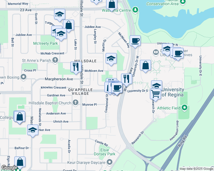 map of restaurants, bars, coffee shops, grocery stores, and more near Darke Crescent in Regina