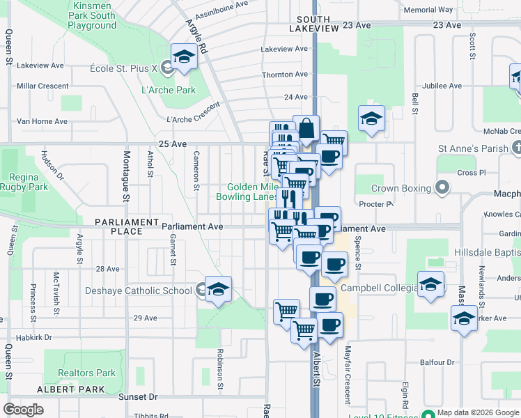 map of restaurants, bars, coffee shops, grocery stores, and more near 3954 Rae Street in Regina