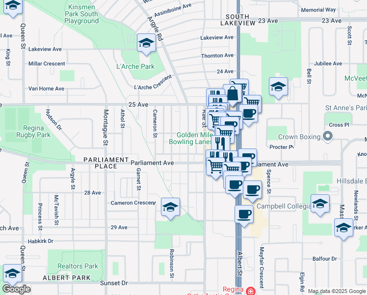 map of restaurants, bars, coffee shops, grocery stores, and more near 3929 Robinson Street in Regina