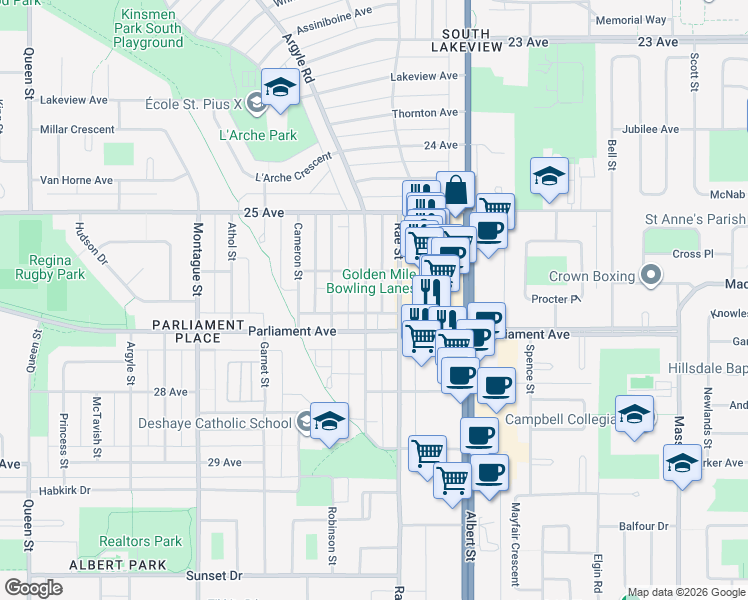 map of restaurants, bars, coffee shops, grocery stores, and more near 3941 Retallack Street in Regina