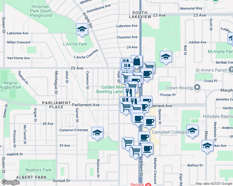 map of restaurants, bars, coffee shops, grocery stores, and more near 3930 Rae Street in Regina