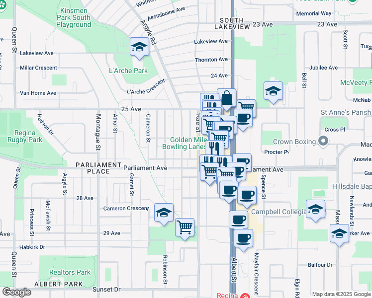 map of restaurants, bars, coffee shops, grocery stores, and more near in Regina