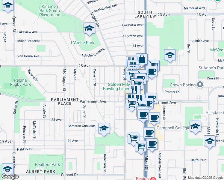 map of restaurants, bars, coffee shops, grocery stores, and more near 3929 Robinson Street in Regina