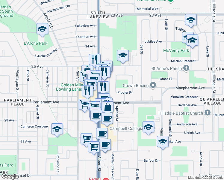 map of restaurants, bars, coffee shops, grocery stores, and more near 149 Procter Place in Regina