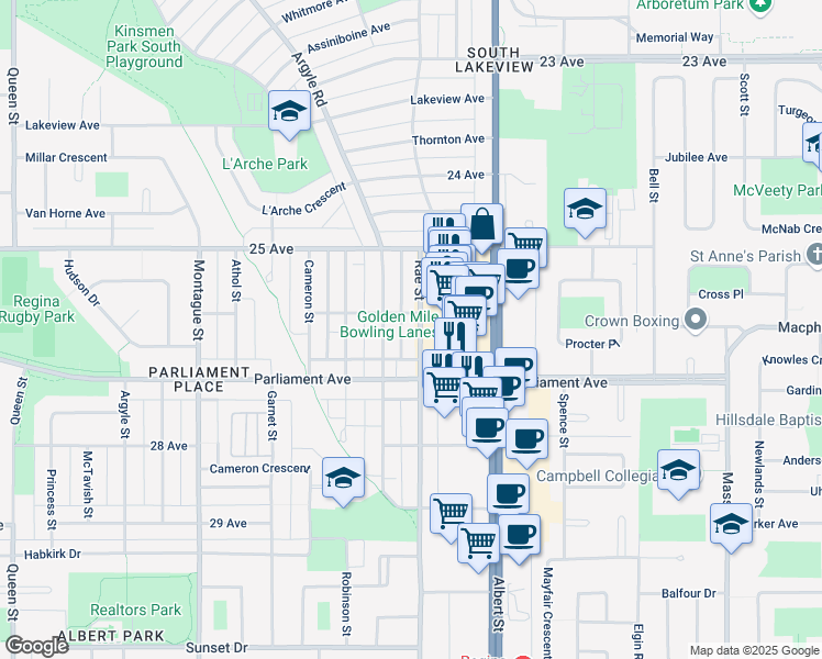 map of restaurants, bars, coffee shops, grocery stores, and more near in Regina