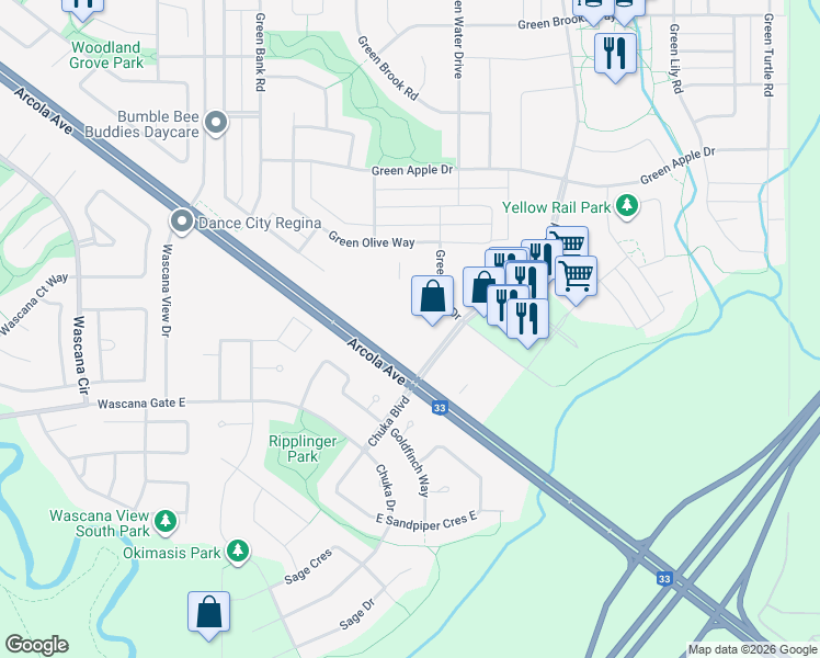 map of restaurants, bars, coffee shops, grocery stores, and more near 3850 Green Falls Drive in Regina