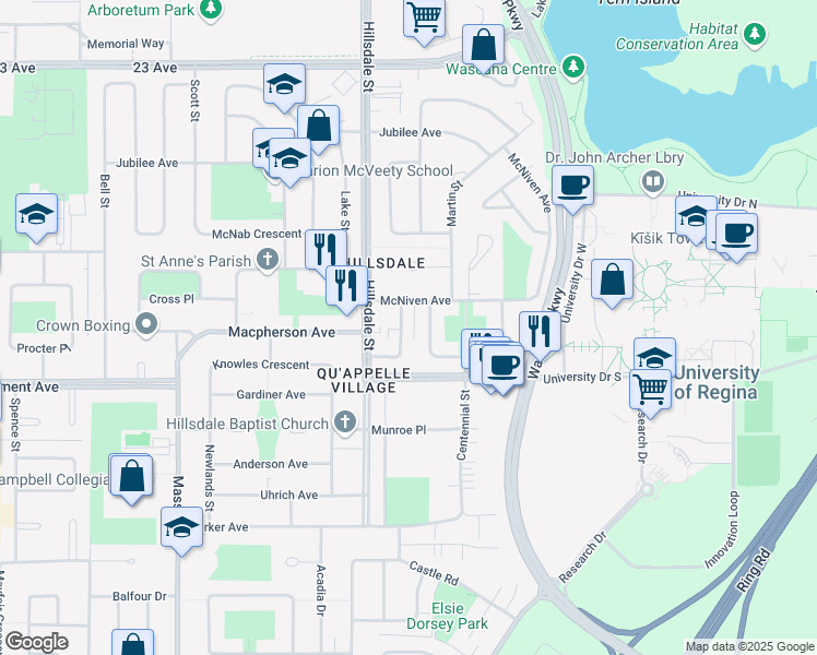 map of restaurants, bars, coffee shops, grocery stores, and more near 13 Latta Street in Regina