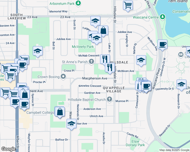 map of restaurants, bars, coffee shops, grocery stores, and more near 1630 Macpherson Avenue in Regina