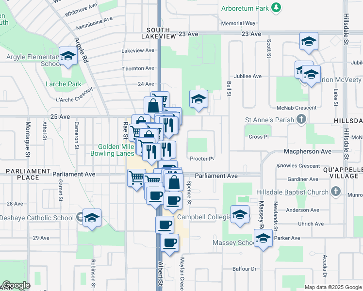 map of restaurants, bars, coffee shops, grocery stores, and more near 133 Procter Place in Regina