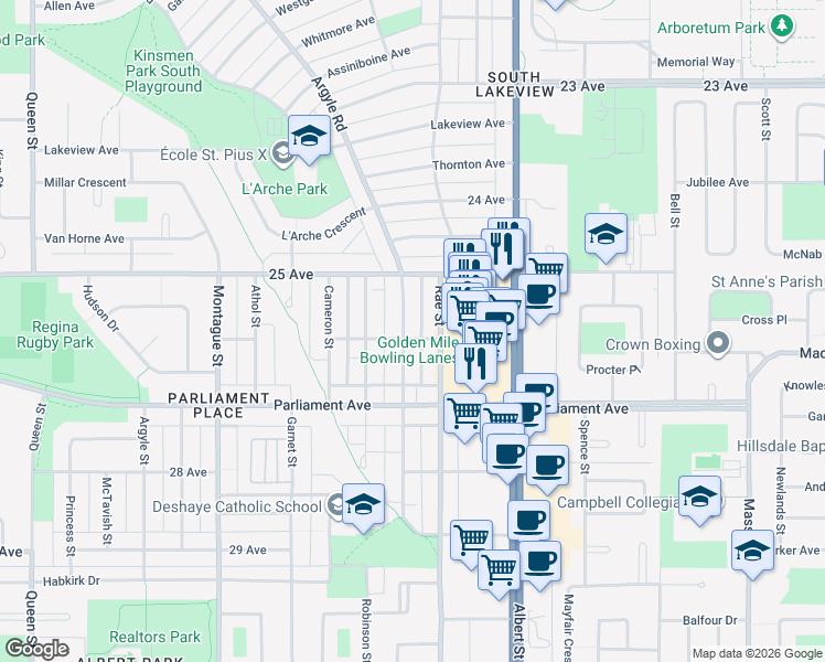 map of restaurants, bars, coffee shops, grocery stores, and more near 3871 Retallack Street in Regina