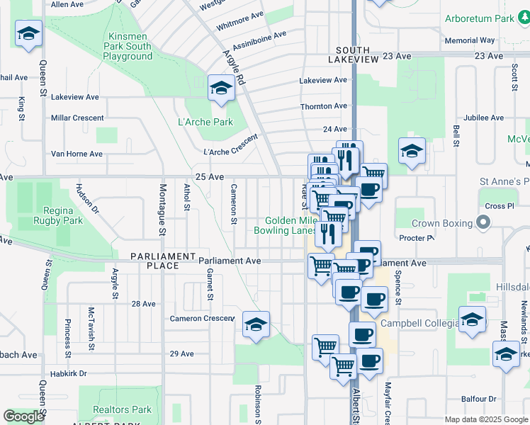 map of restaurants, bars, coffee shops, grocery stores, and more near 3875 Robinson Street in Regina