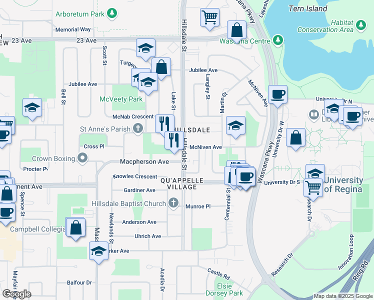 map of restaurants, bars, coffee shops, grocery stores, and more near 3901 Hillsdale Street in Regina