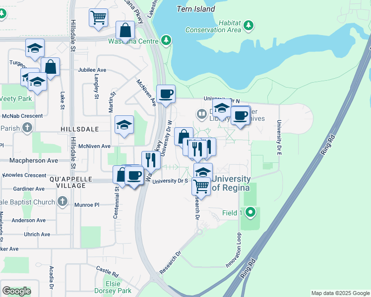 map of restaurants, bars, coffee shops, grocery stores, and more near 3737 Wascana Parkway in Regina
