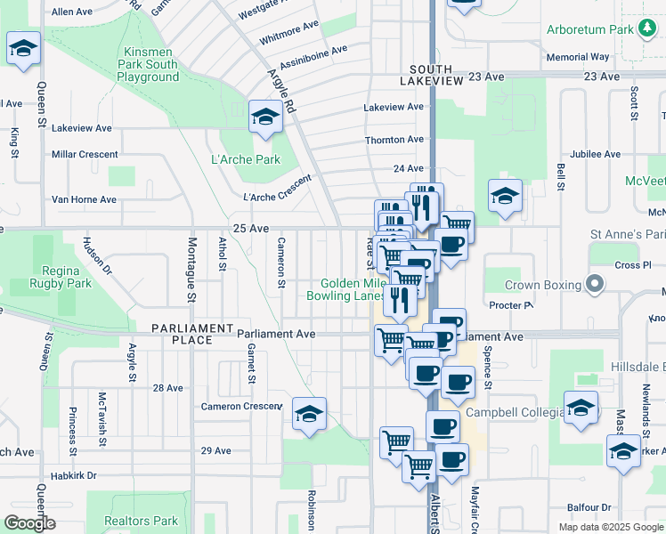 map of restaurants, bars, coffee shops, grocery stores, and more near 3860 Retallack Street in Regina