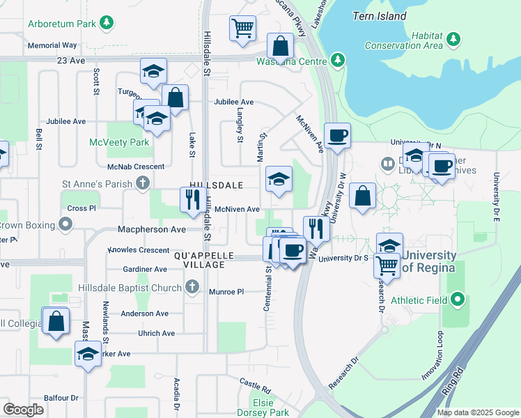 map of restaurants, bars, coffee shops, grocery stores, and more near McNiven Avenue in Regina