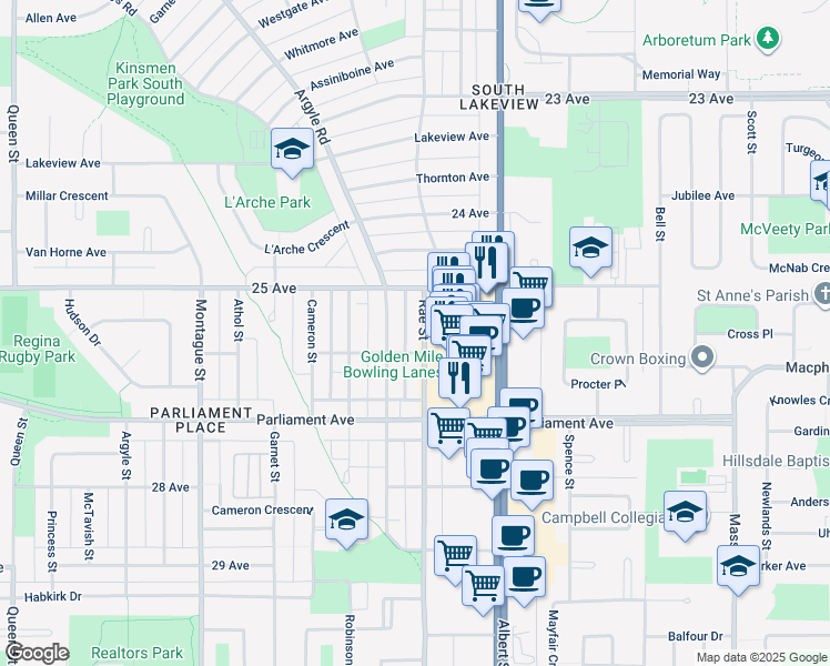 map of restaurants, bars, coffee shops, grocery stores, and more near 12-3837 Retallack Street in Regina