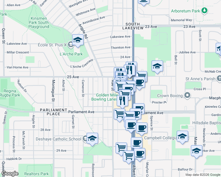 map of restaurants, bars, coffee shops, grocery stores, and more near 3854 Rae Street in Regina